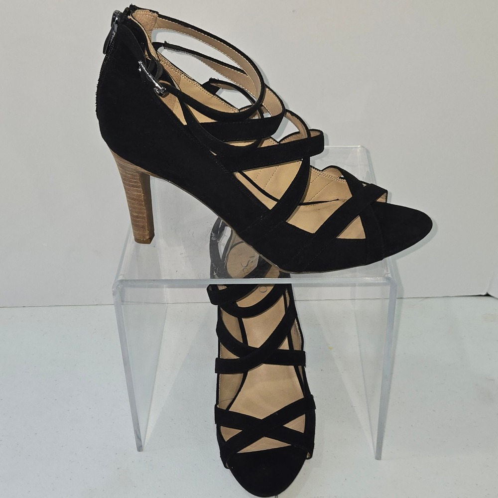 Franco Sarto L-QUINCY Black Strappy Cage Sandals Heels Womens 10M Open Toe Zip